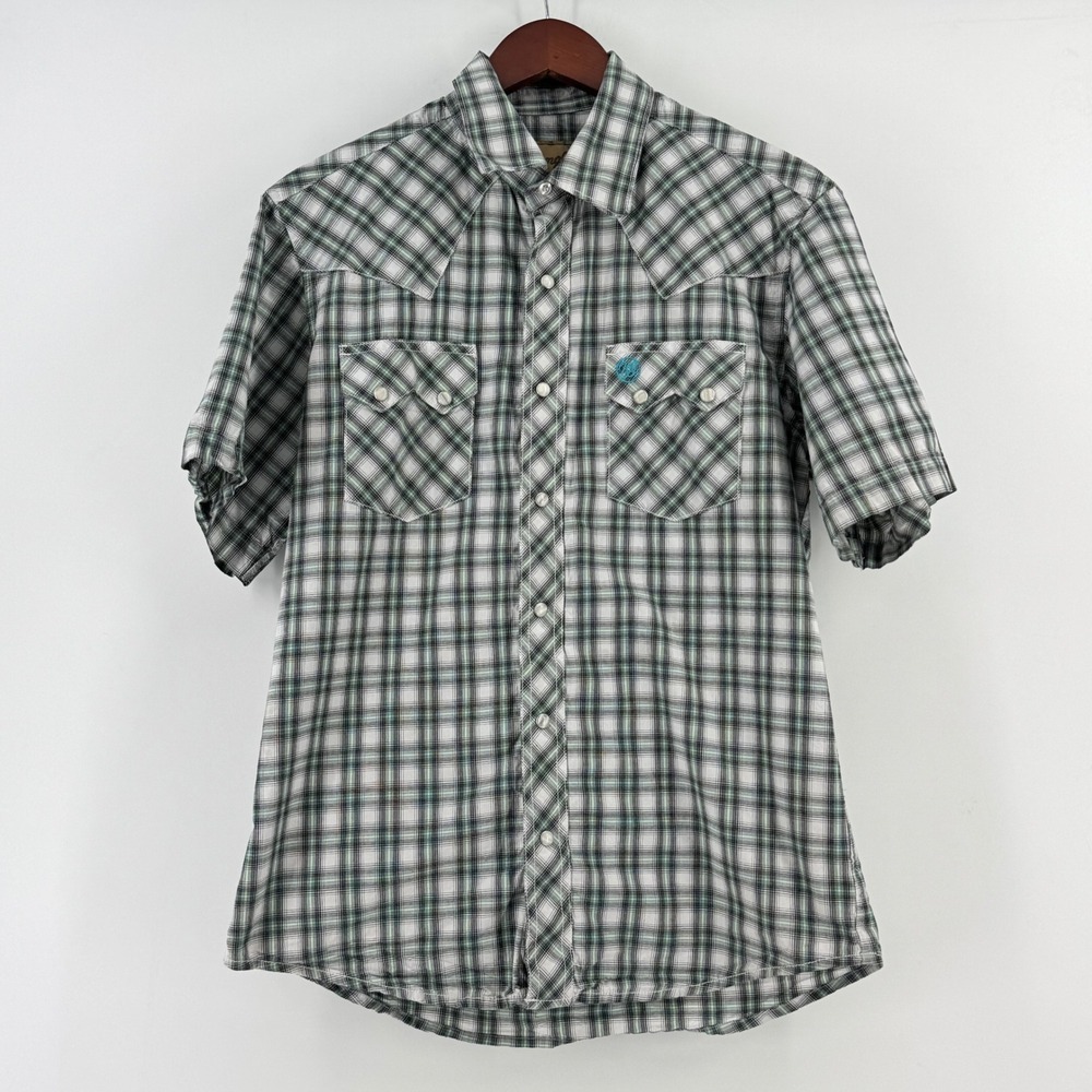 Wrangler Retro‎ Mens Plaid Western Pearl Snap Short Sleeve Shirt Teal White M